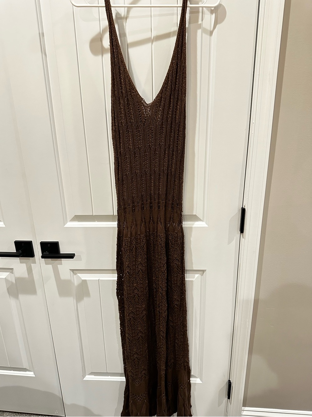 Hand-Knit Brown Backless Maxi Dress with Deep V